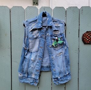 Vintage Jean Vest with Floral Print Size S-M